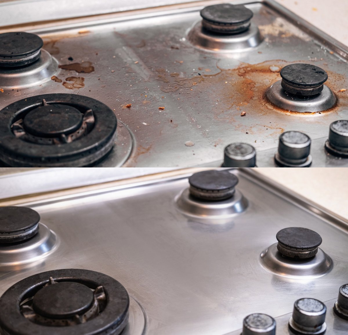 Kitchen metallic stove before and after service cleaning