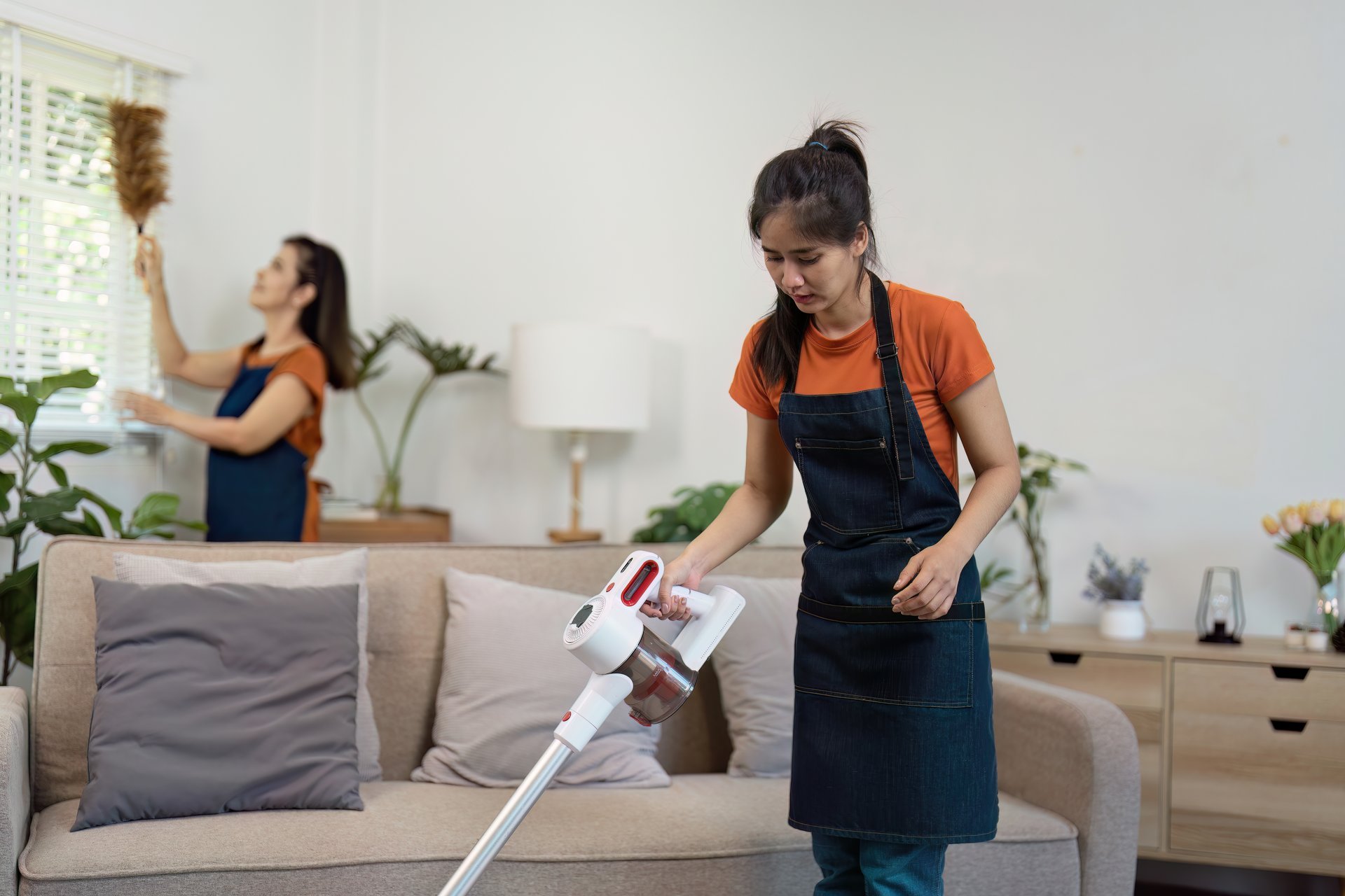 Professional cleaner in modern living room