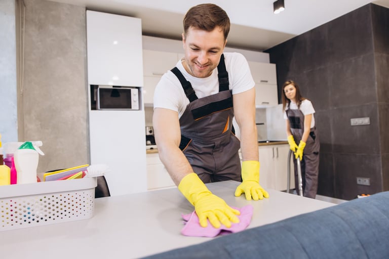Professional cleaner with cleaning supplies