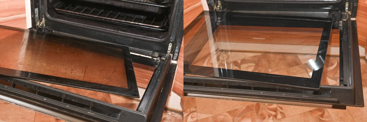 Comparison of the glass of the oven door before and after cleaning